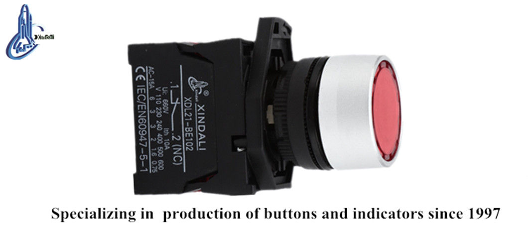 Side profile and contact block view of the industrial LED push button