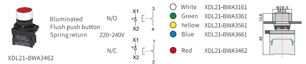 Detailed view of the flush push button dimensions and color options