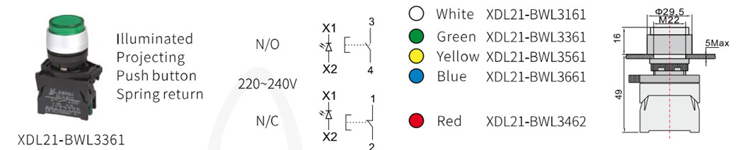 Diagram showing available color variants and mounting dimensions