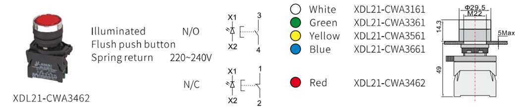 Technical diagram showing button dimensions and contact configuration