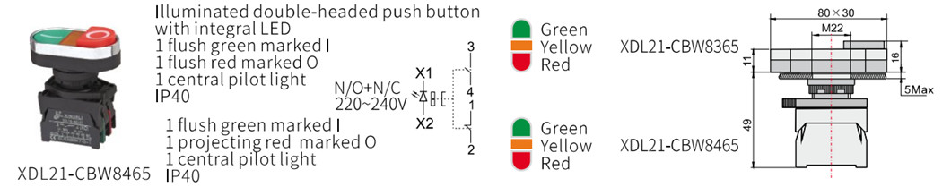 Illuminated double-headed push button control switch close-up