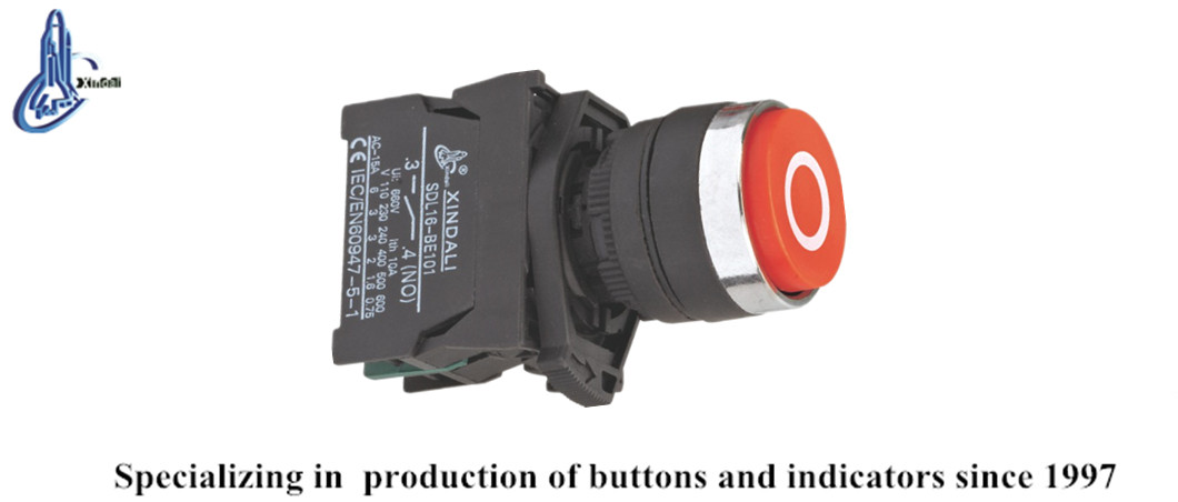 Industrial push button switch showing electrical ratings and design