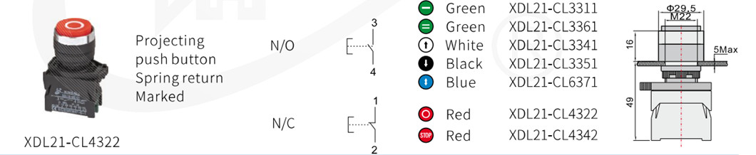 Diagram showing button dimensions and mounting specifications