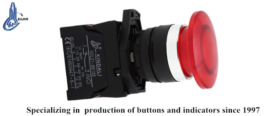 Emergency stop pushbutton showing technical voltage ratings