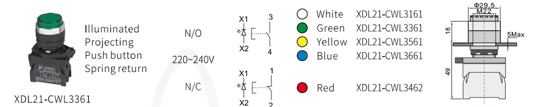 Dimensional diagram and model color options for XDL21 push buttons