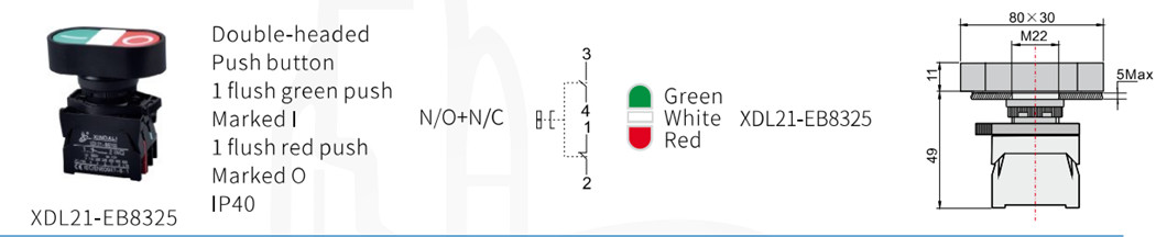 Detailed view of the double-head pushbutton switch showing contact labels and mounting hardware