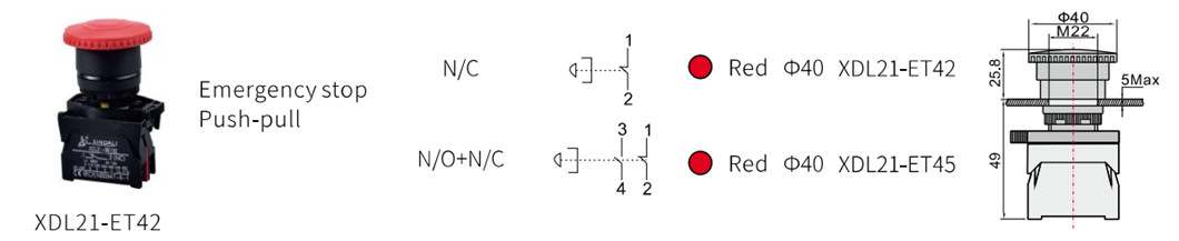 Emergency stop push-pull switch technical diagram