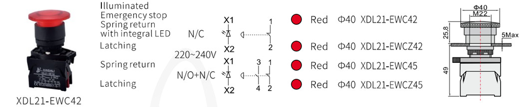 Illuminated emergency stop pushbutton technical drawing