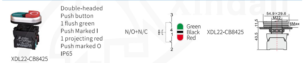 Double-headed convex push button switch with red and green color coding