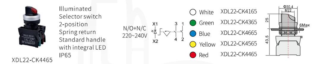 Technical diagram of the XDL22 illuminated selector switch