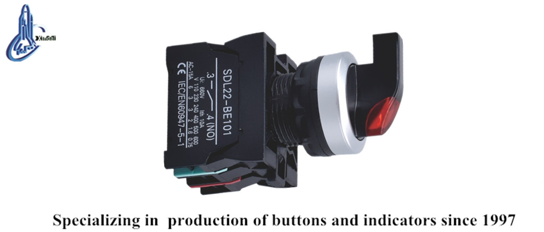 Close-up view of the red LED industrial switch