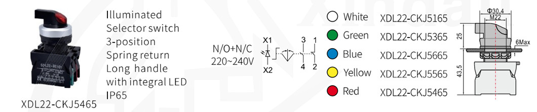 Illuminated 3-position selector switch with technical dimensions
