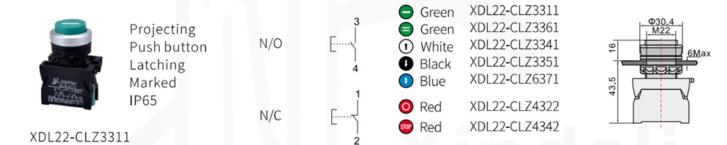 Visual diagram showing various color options and dimensions of the switch series