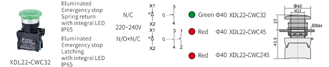 Technical diagram showing button dimensions and mounting details
