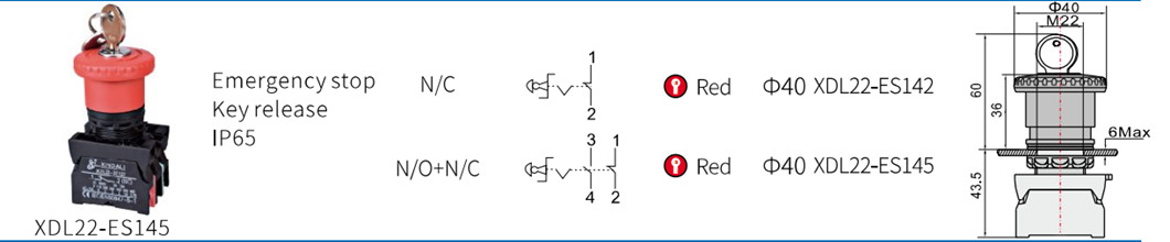 Emergency stop pushbutton switch with key release details and dimensions