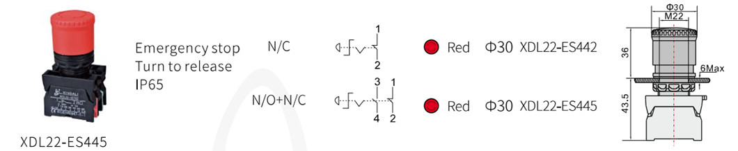 Technical drawing and dimensions of the mushroom head switch