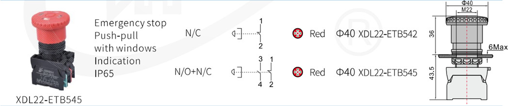 Technical dimension drawing of the pushbutton