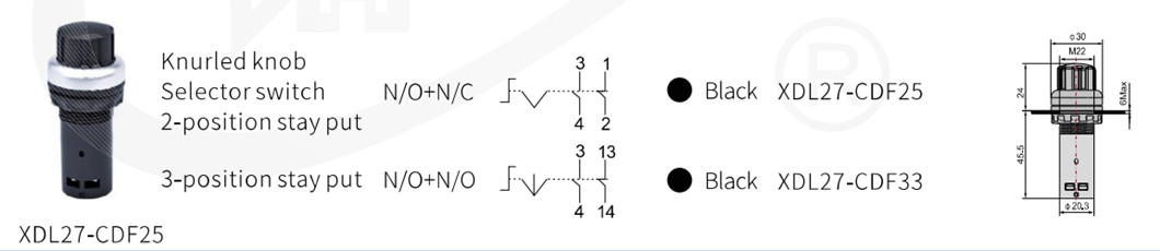 Technical diagram showing dimensions and configuration of the knurled knob selector switch.