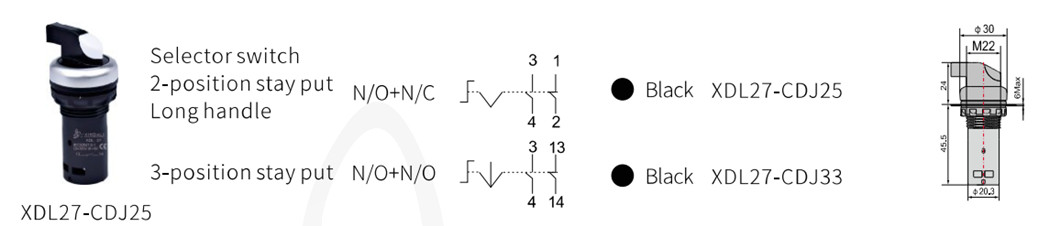 Technical diagram of selector switch mounting dimensions