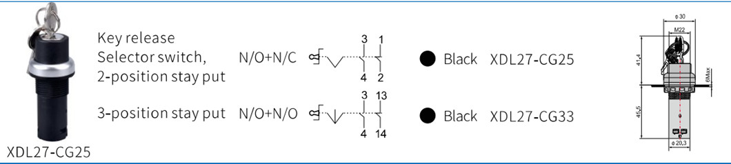 Technical diagram showing 3-position key lock switch dimensions and contact configuration