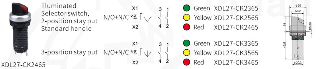 Technical diagram showing selector switch dimensions and contact configuration