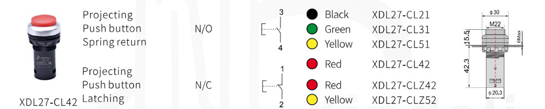 Technical drawing showing pushbutton dimensions and configuration types