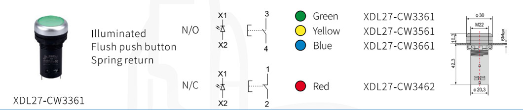 Technical diagram showing dimensions and terminal configuration of the 22mm flush pushbutton