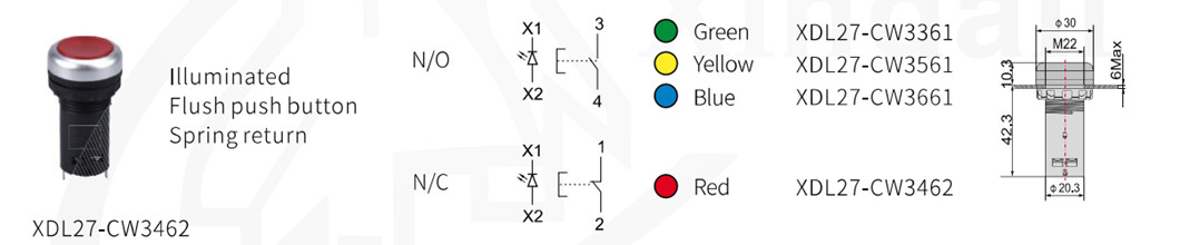 Technical diagram showing mounting dimensions and contact configurations