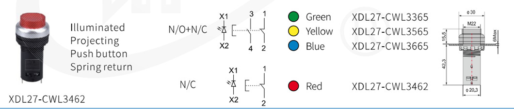 Technical diagram of the XDL27-CWL3462 series pushbutton dimensions and contact options
