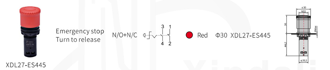 Technical diagram of XDL27-ES445 emergency stop button dimensions