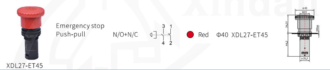 Technical diagram of the XDL27-ET45 emergency stop button