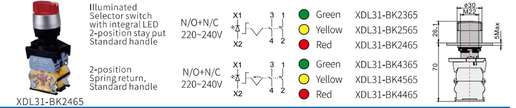 Selector and push button switch dimensional reference