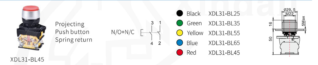 Projecting push button switch with dimensional annotations