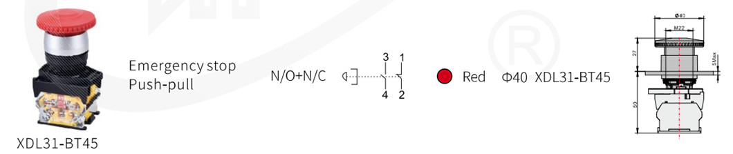 Dimensional and configuration view of the 40mm mushroom head emergency stop button