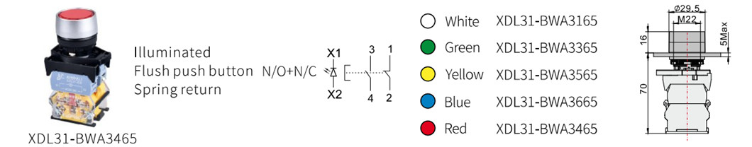 Technical diagram showing button dimensions and mounting details