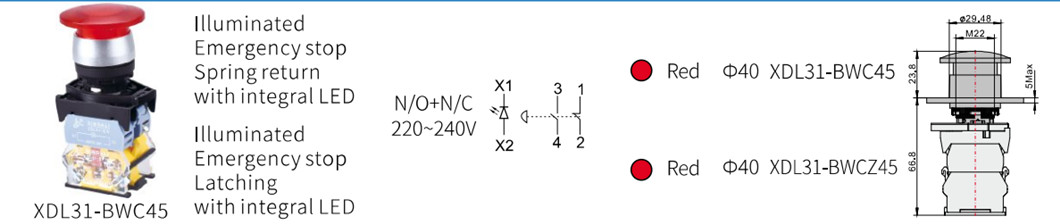 Detailed view of illuminated mushroom head push button and contact configuration