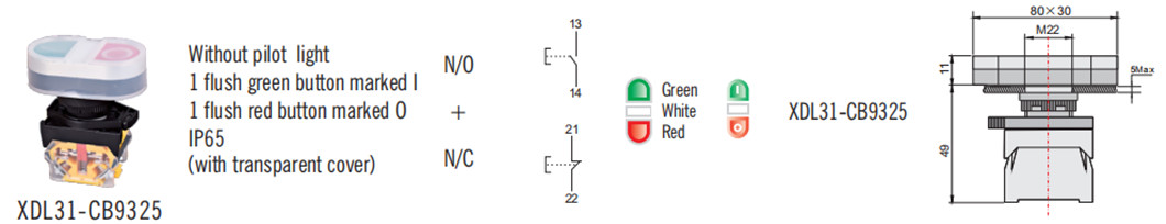 Detailed view of the double color head push button switch interface and dimensions