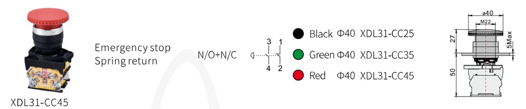 Dimensional drawing of the XDL31-CC45 metal push button switch