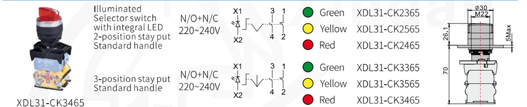 Illuminated selector switch with integral LED and mounting dimensions