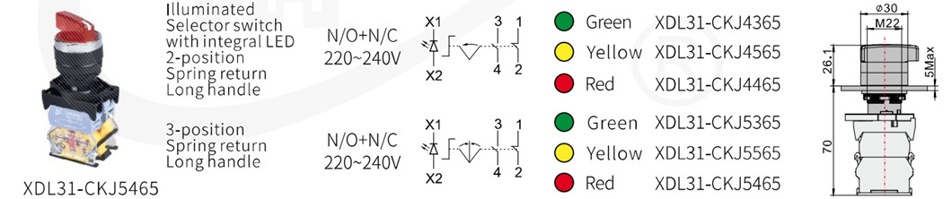 Dimension and configuration overview of the illuminated selector switch