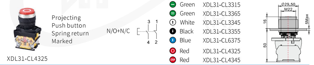 Projecting push button switch with various color options and M22 mounting details