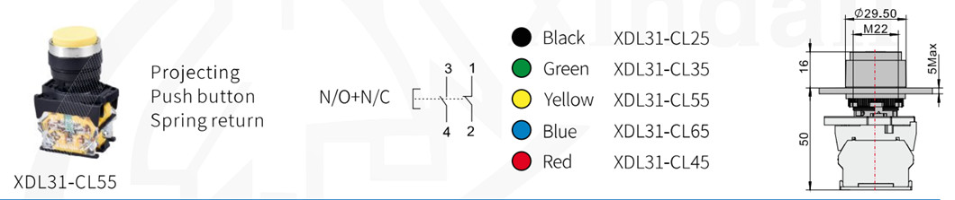 Technical diagram showing push button dimensions