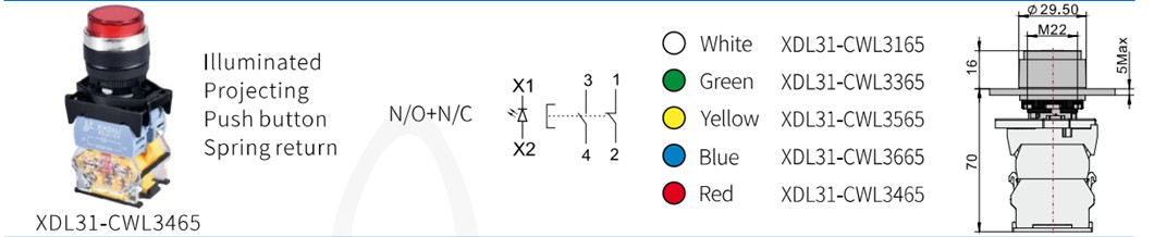 Side profile and dimension diagram of the convex head push button switch