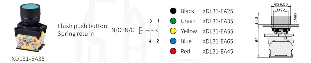 Technical diagram showing dimensions and variations of the flush push button.
