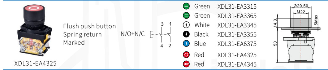 Technical diagram showing dimensions of the industrial push button