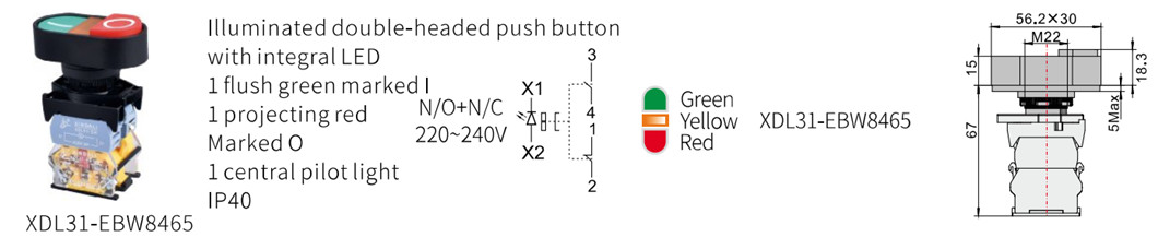 Diagram showing button layout and dimensions of the double head switch