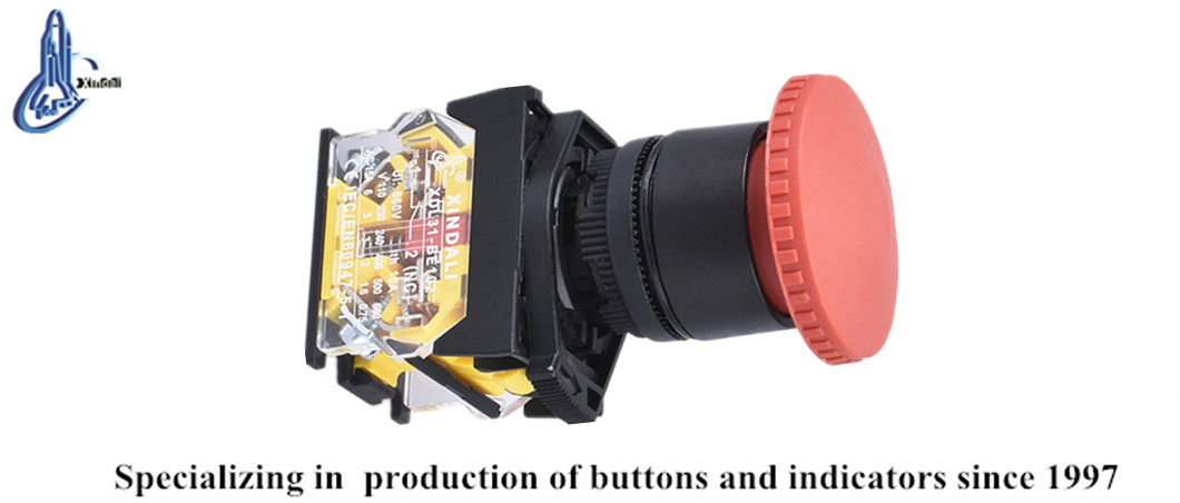 Close up of red mushroom head emergency push button switch