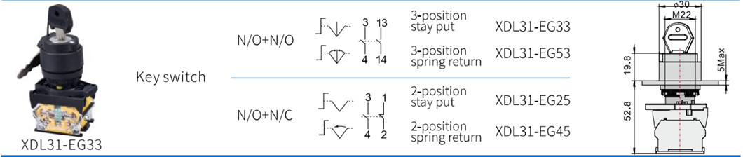 Technical drawing and installation dimensions for selector switch models
