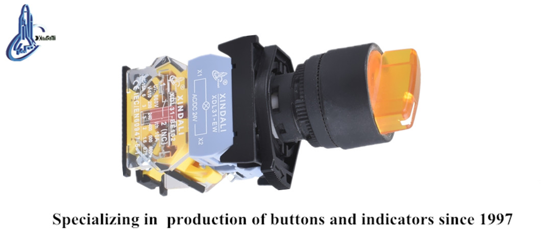 Front view of the industrial 3-position push button switch with LED indicator