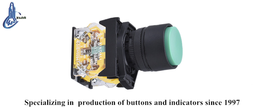 Green convex head push button switch close up